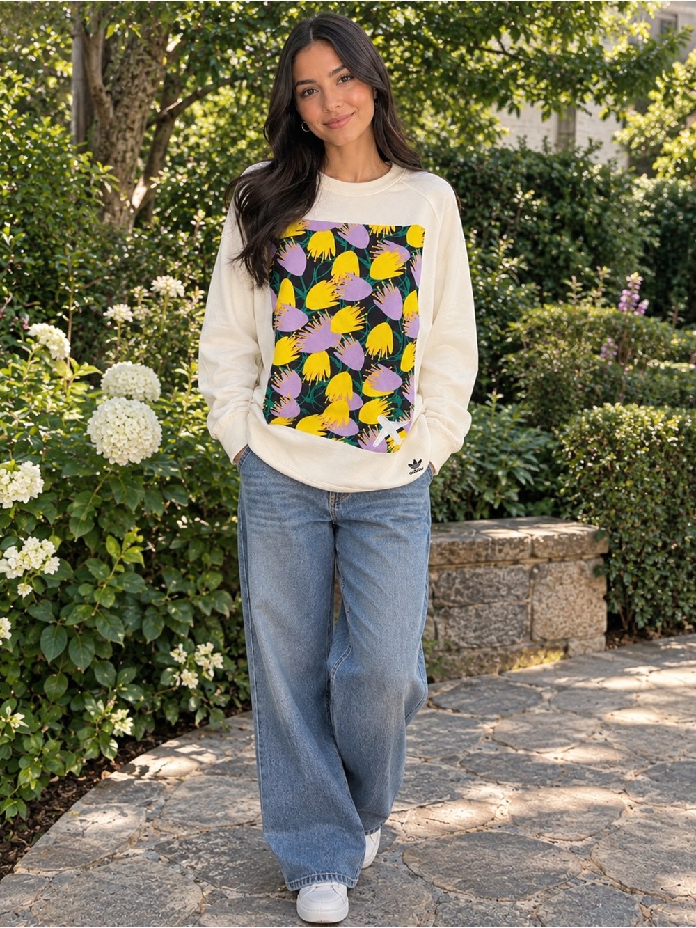 adidas Cream Sweatshirt with Yellow & Lavender Floral Print